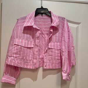 Zara Crop Pink Striped Button Down